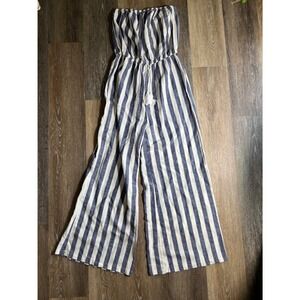 Paradise USA Jumpsuit Womens Large Blue White Striped Strapless Wide Leg